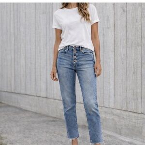 Mother Fly Cut Stunner Ankle Blue Jeans Button Fly Frayed Hem Mid-Wash Sz 9/29